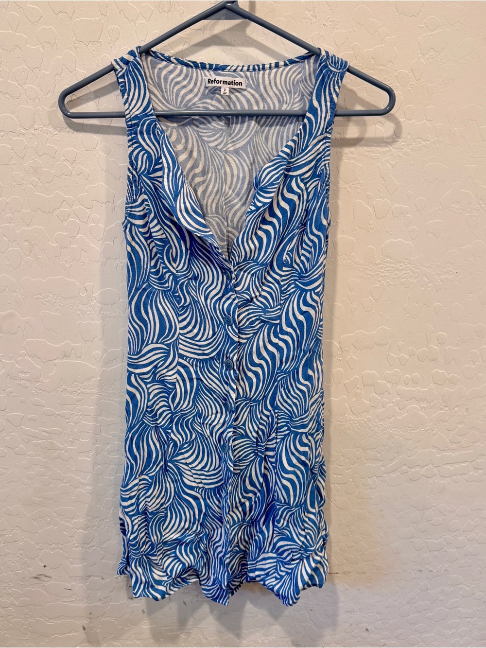 Reformation Mini Dress Rilynn Button Down Blue White Swirl Women 2 Sleeveless